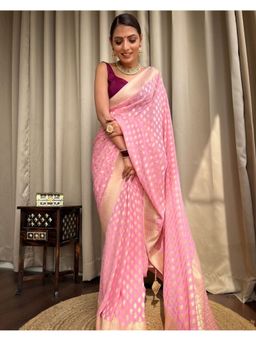 Lush Glam - Pink Jacquard Zari Saree with Unstitched Blouse Piece