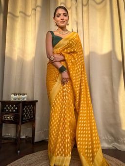 Lush Glam - Mustard Jacquard Zari Saree with Unstitched Blouse Piece