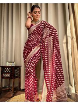 Lush Glam - Maroon Jacquard Zari Saree with Unstitched Blouse Piece