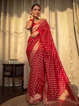 Lush Glam - Red Jacquard Zari Saree with Unstitched Blouse Piece