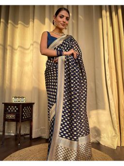 Lush Glam - Navy Blue Jacquard Zari Saree with Unstitched Blouse Piece