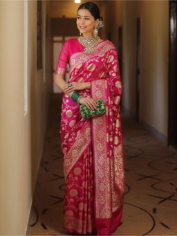 Lush Glam - Pink Jacquard Zari Saree with Unstitched Blouse Piece
