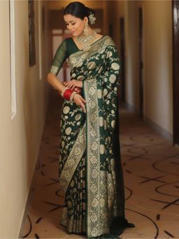Lush Glam - Green Jacquard Zari Saree with Unstitched Blouse Piece