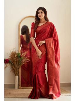 Lush Glam - Red Jacquard Zari Saree with Unstitched Blouse Piece