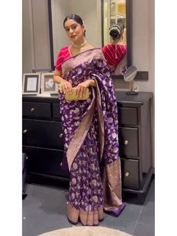 Lush Glam - Purple Jacquard Zari Saree with Unstitched Blouse Piece