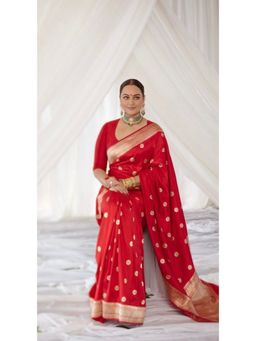 Lush Glam - Red Jacquard Zari Saree with Unstitched Blouse Piece