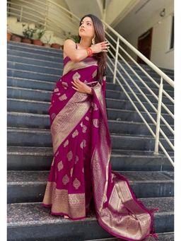 Lush Glam - Purple Jacquard Zari Saree with Unstitched Blouse Piece
