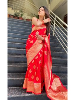 Lush Glam - Red Jacquard Zari Saree with Unstitched Blouse Piece