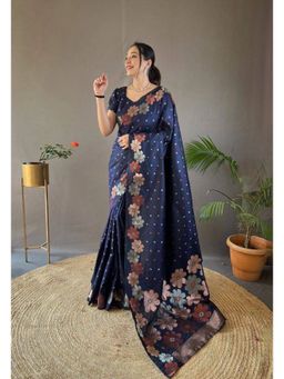 Lush Glam - Navy Blue Jacquard Zari Saree with Unstitched Blouse Piece