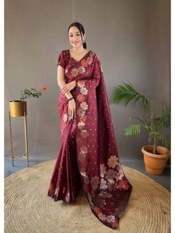 Lush Glam - Maroon Jacquard Zari Saree with Unstitched Blouse Piece