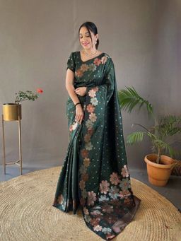 Lush Glam - Green Jacquard Zari Saree with Unstitched Blouse Piece