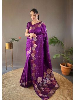 Lush Glam - Purple Jacquard Zari Saree with Unstitched Blouse Piece