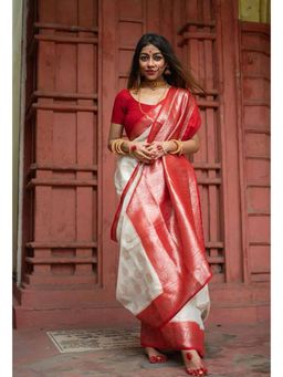 Lush Glam - Off White Jacquard Zari Saree with Unstitched Blouse Piece