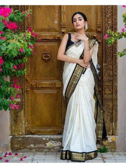 Lush Glam - White Jacquard Zari Saree with Unstitched Blouse Piece