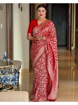Lush Glam - Red Jacquard Zari Saree with Unstitched Blouse Piece