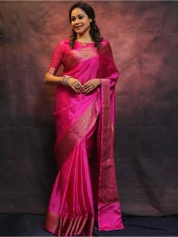 Lush Glam - Pink Jacquard Zari Saree with Unstitched Blouse Piece