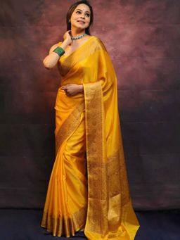 Lush Glam - Yellow Jacquard Zari Saree with Unstitched Blouse Piece