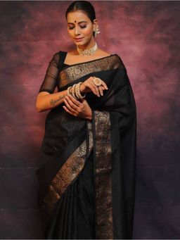 Lush Glam - Black Jacquard Zari Saree with Unstitched Blouse Piece