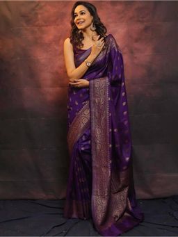 Lush Glam - Purple Jacquard Zari Saree with Unstitched Blouse Piece