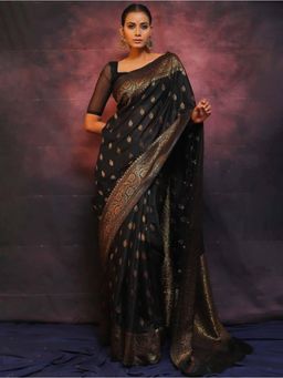 Lush Glam - Black Jacquard Zari Saree with Unstitched Blouse Piece