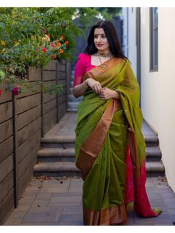 Lush Glam - Green Jacquard Zari Saree with Unstitched Blouse Piece