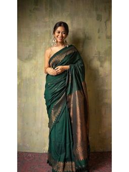 Lush Glam - Green Jacquard Zari Saree with Unstitched Blouse Piece