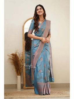 Lush Glam - Aqua Jacquard Zari Saree with Unstitched Blouse Piece