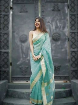 Lush Glam - Aqua Jacquard Zari Saree with Unstitched Blouse Piece