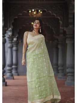 Lush Glam - Green Jacquard Zari Saree with Unstitched Blouse Piece