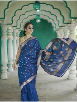 Lush Glam - Blue Jacquard Zari Saree with Unstitched Blouse Piece