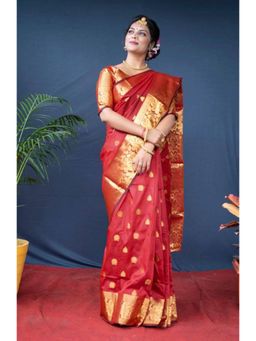Lush Glam - Red Jacquard Zari Saree with Unstitched Blouse Piece