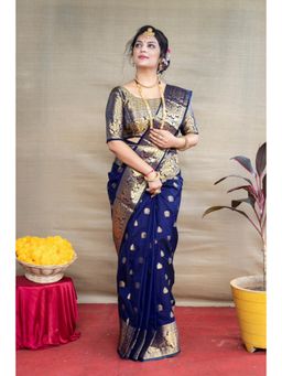 Lush Glam - Navy Blue Jacquard Zari Saree with Unstitched Blouse Piece