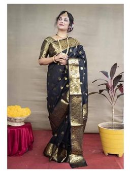 Lush Glam - Black Jacquard Zari Saree with Unstitched Blouse Piece