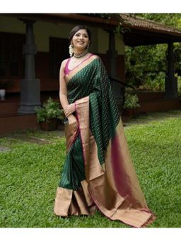 Lush Glam - Green Jacquard Zari Saree with Unstitched Blouse Piece