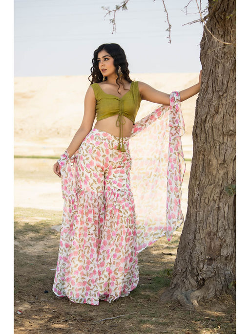 PRIYANKA CHOUDHARY Womens Chiffon Floral Sharara (Set of 3)