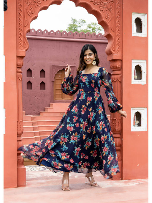 knee length dresses for ladies Women Green Georgette Volume Control Ethnic Dress main image 0