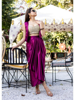 PRIYANKA CHOUDHARY - Womens Satin Wine Drape Skirt Top with Cover Up (Set of 3)