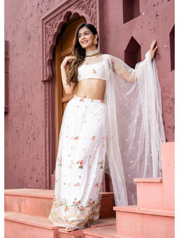 PRIYANKA CHOUDHARY - Womens Net White Net Embroidered Lehenga (Set of 3)
