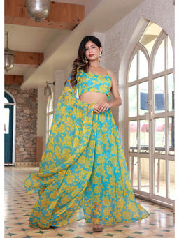 PRIYANKA CHOUDHARY - Womens Chiffon Yellow Blue Lehenga (Set of 3)