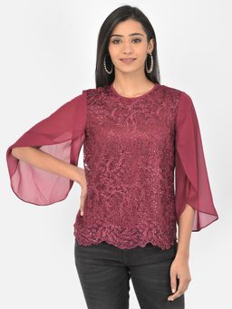 Latin Quarters - Wine 3/4 Sleeve Sequence Solid Blouse