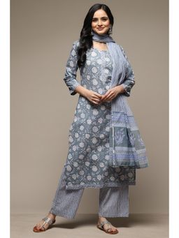 Biba - Blue Cotton Unstitched Suit (Set of 3)