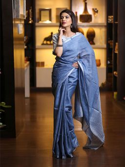 Beatitude - Blue Handwoven Solid Linen Saree Silver Zari Border with Unstitched Blouse