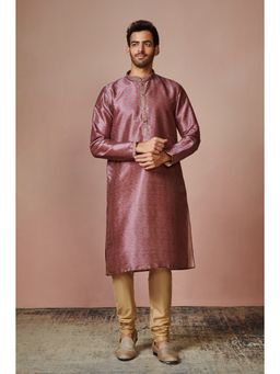 Manyavar - Purple Art Silk Mandarin Collar Kurta Pajama (Set of 2)