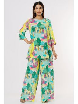 PS Pret by Payal Singhal - Yellow Kuno Print Tunic & Palazzo with Tasselled Necklace (Set of 2)