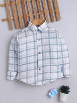 FOURFOLDS - Boys Light Blue Cotton Blend Full Sleeves Checked Shirt