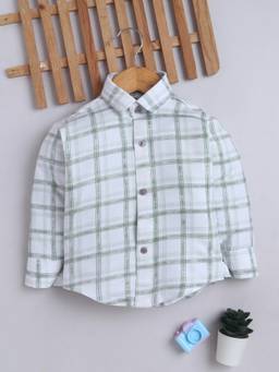 FOURFOLDS - Boys Light Green Cotton Blend Full Sleeves Checked Shirt