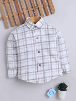 FOURFOLDS - Boys Light Grey Cotton Blend Full Sleeves Checked Shirt