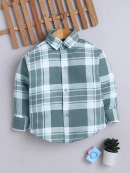 FOURFOLDS - Boys Sage Green Cotton Blend Full Sleeves Checked Shirt