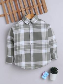 FOURFOLDS - Boys Olive Green Cotton Blend Full Sleeves Checked Shirt