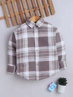 FOURFOLDS - Boys Taupe Cotton Blend Full Sleeves Checked Shirt